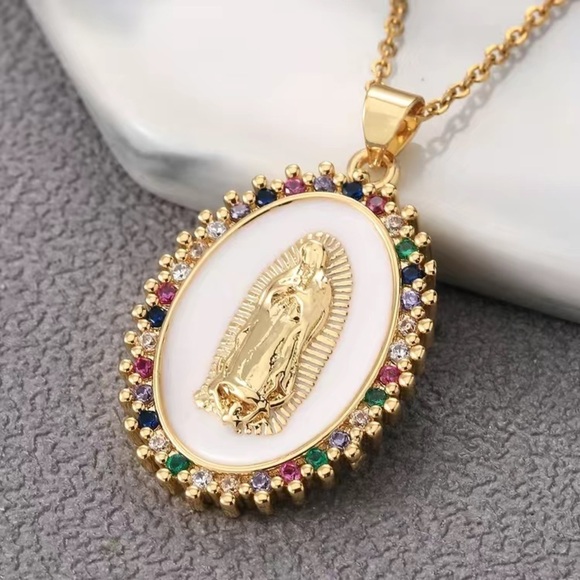 24K Golden Copper High-End Zircon Virgin Mary Pendant Necklace - Picture 1 of 5